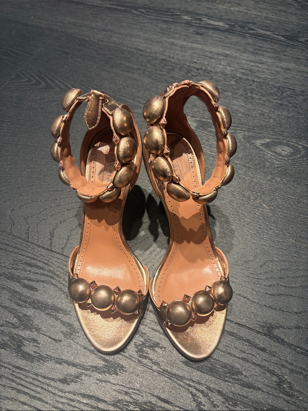 Alaia Metallic Bronze Beaded Ankle-Strap Heels